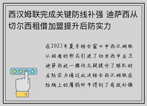 西汉姆联完成关键防线补强 迪萨西从切尔西租借加盟提升后防实力 西汉姆联完成关键防线补强 迪萨西从切尔西租借加盟提升后防实力
